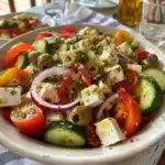 Fresh Greek salad served in a white ceramic bowl with cherry tomatoes, cucumbers, olives, feta, and mint.