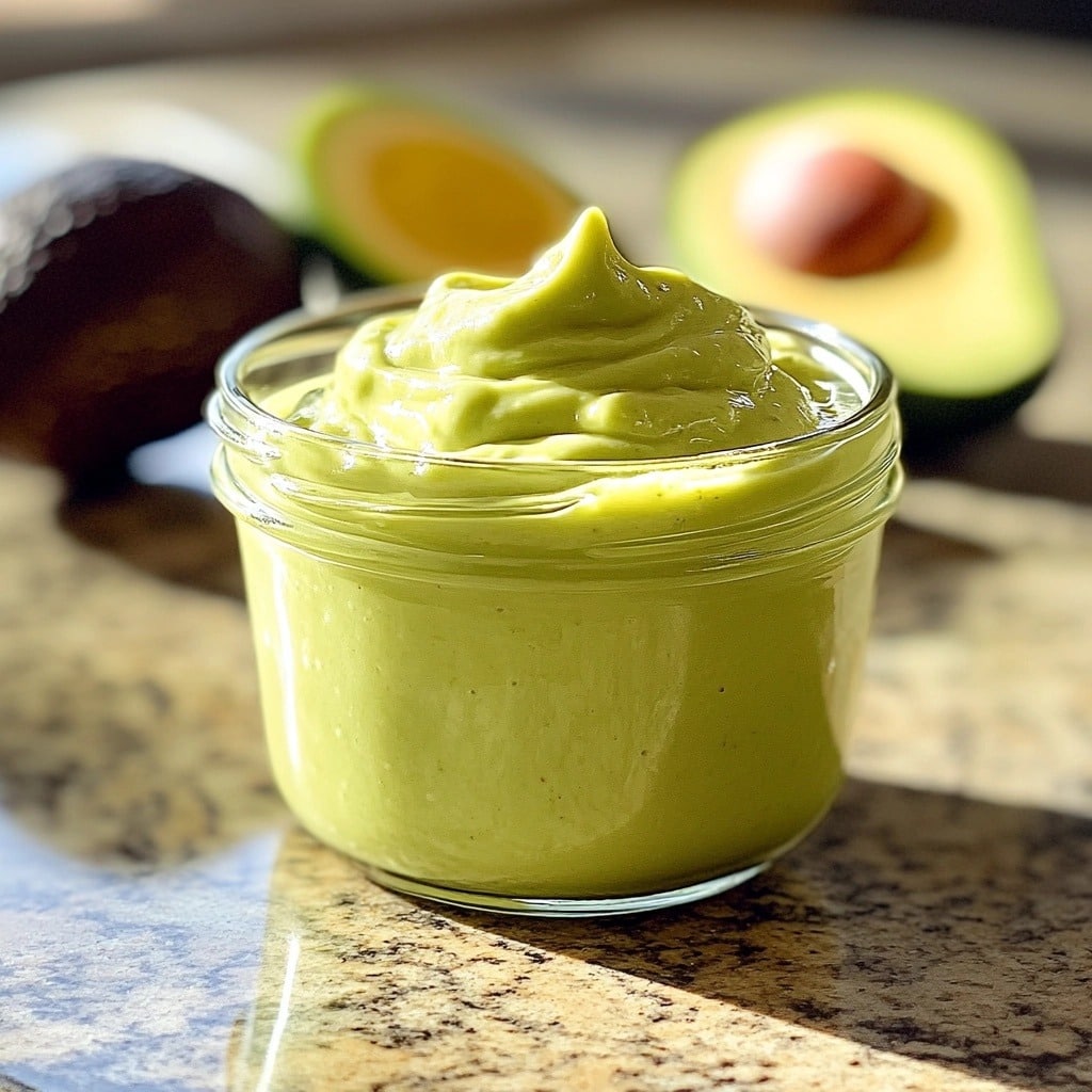 avocado mayo recipe in a clear glass jar on a stone counter