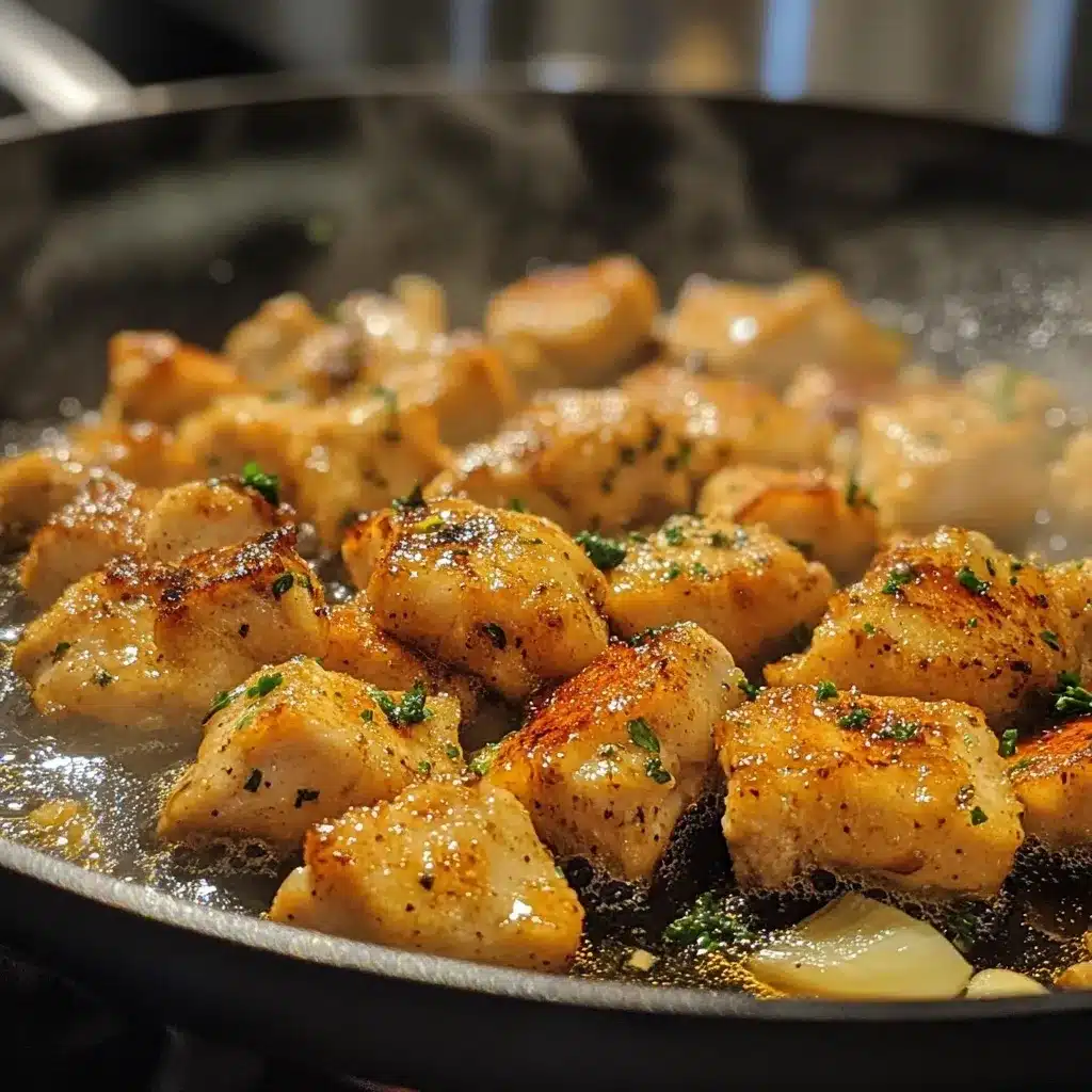 Chicken bites searing in skillet with garlic and sauce bubbling