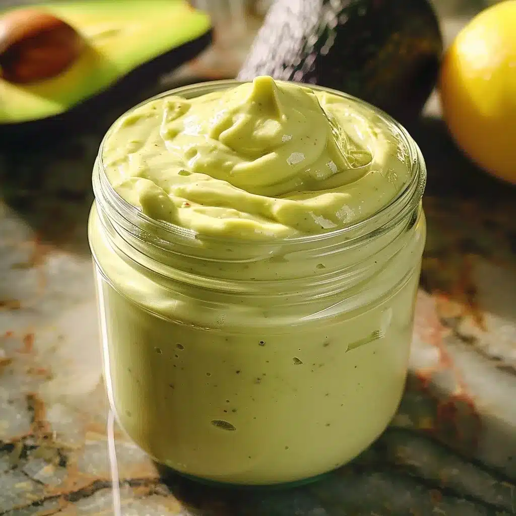 Creamy avocado mayonnaise in a glass jar with lemon and avocado in the background on a marble counter.