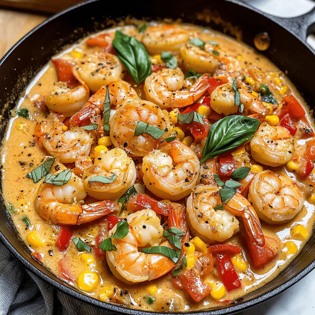 Creamy coconut shrimp recipe in a skillet with red curry sauce and basil
