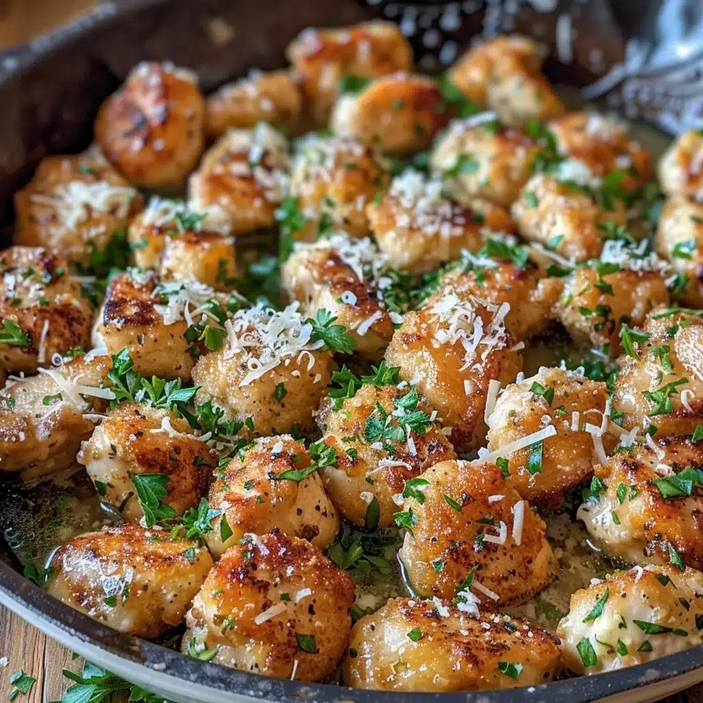 Juicy garlic parmesan chicken bites in a skillet, topped with fresh parsley and grated cheese.