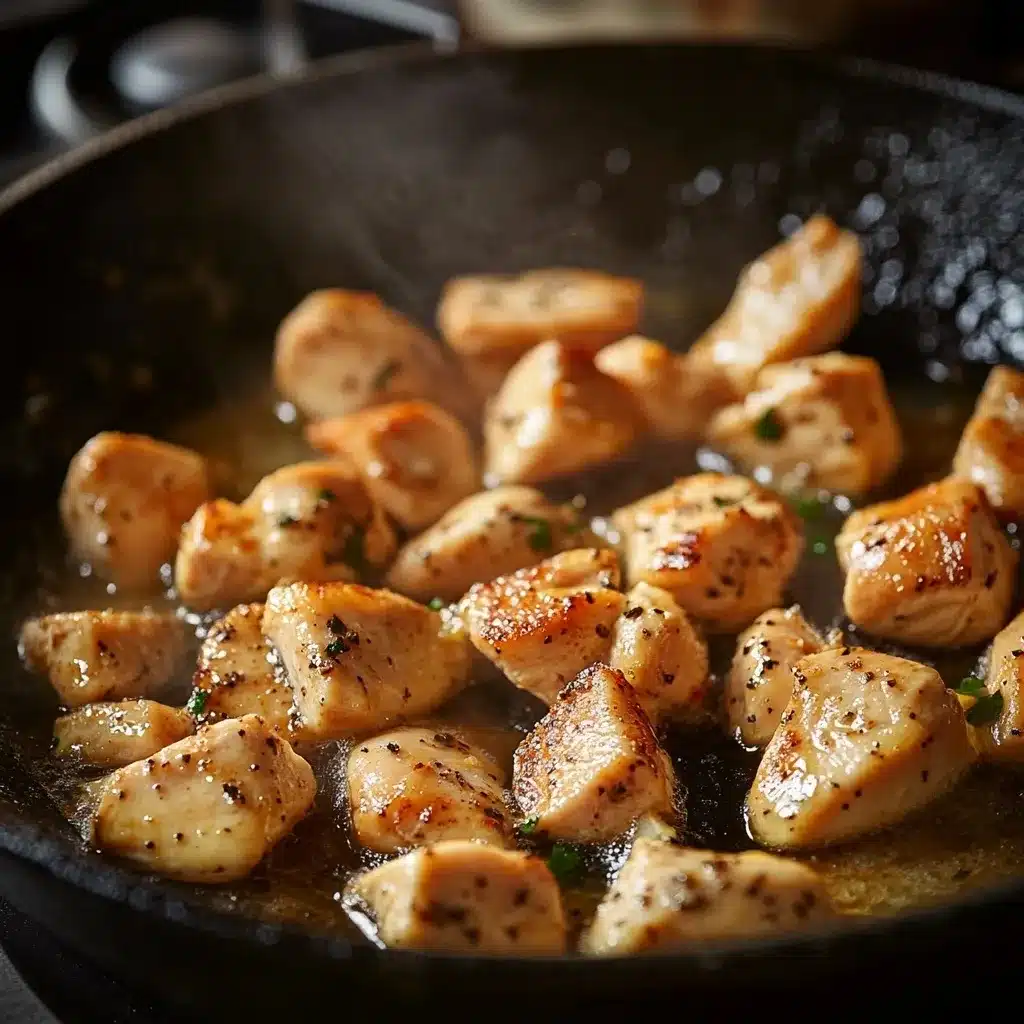 Chicken bites cooking in a skillet with melted butter and garlic