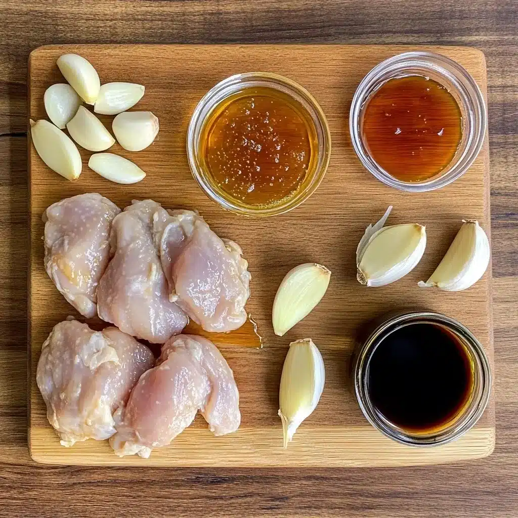 Ingredients: Five main ingredients for honey garlic chicken bites recipe on kitchen counter