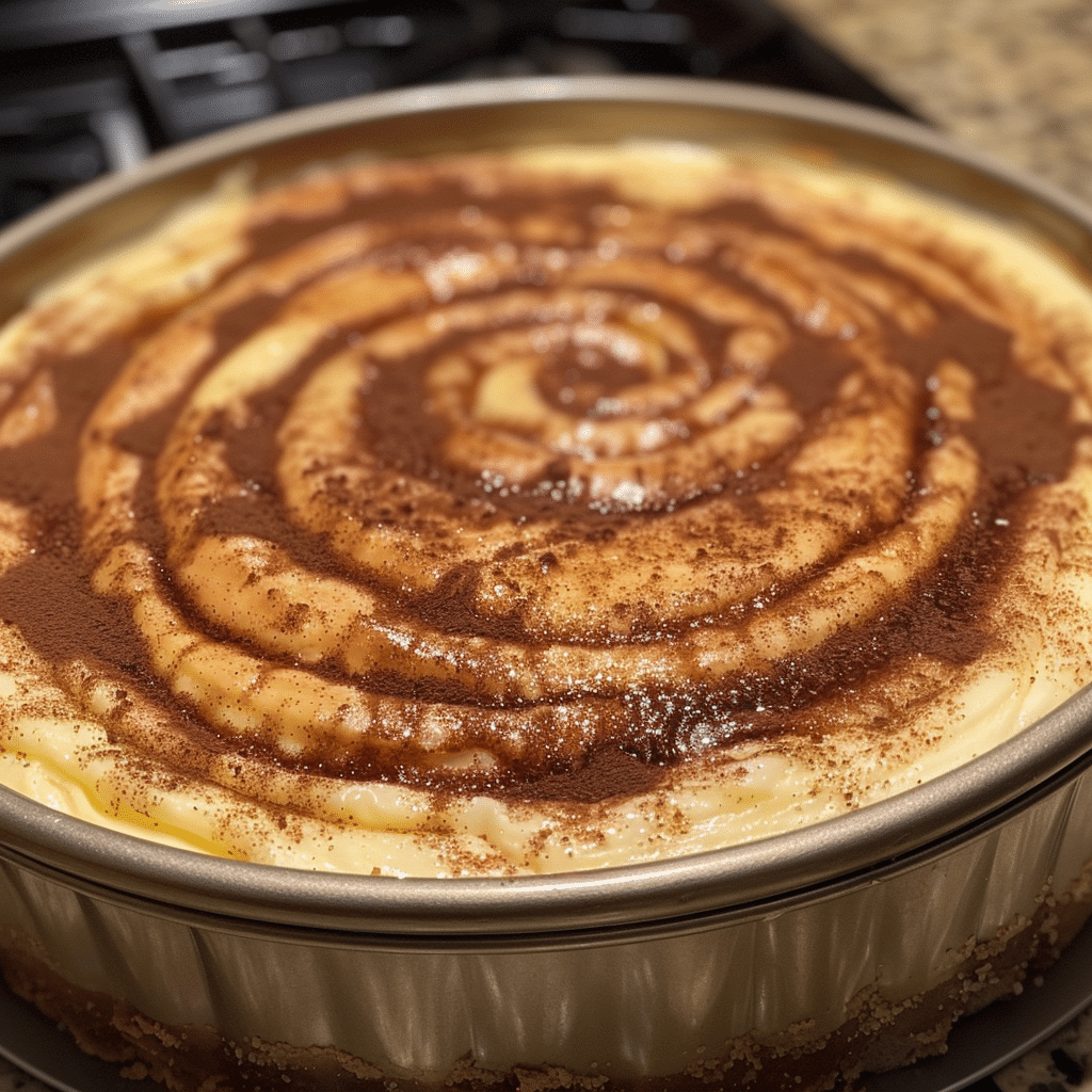 Cheesecake batter being layered with cinnamon swirl in a springform pan