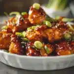 Mouthwatering honey garlic chicken bites on a white plate, glazed and garnished with scallions, styled for food blog or recipe card