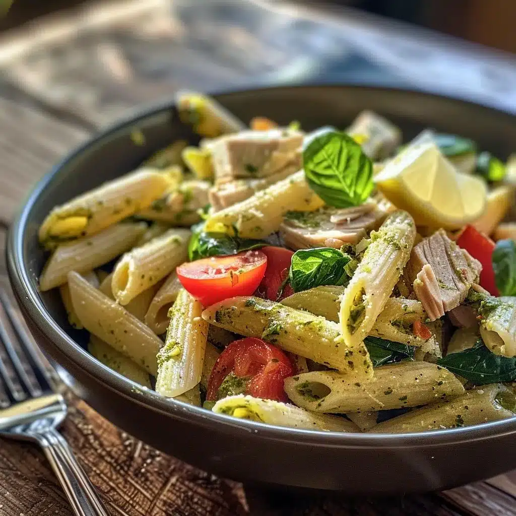 Bowl of penne pasta with tuna, basil pesto, cherry tomatoes, and spinach on a rustic wooden table with lemon and fork.