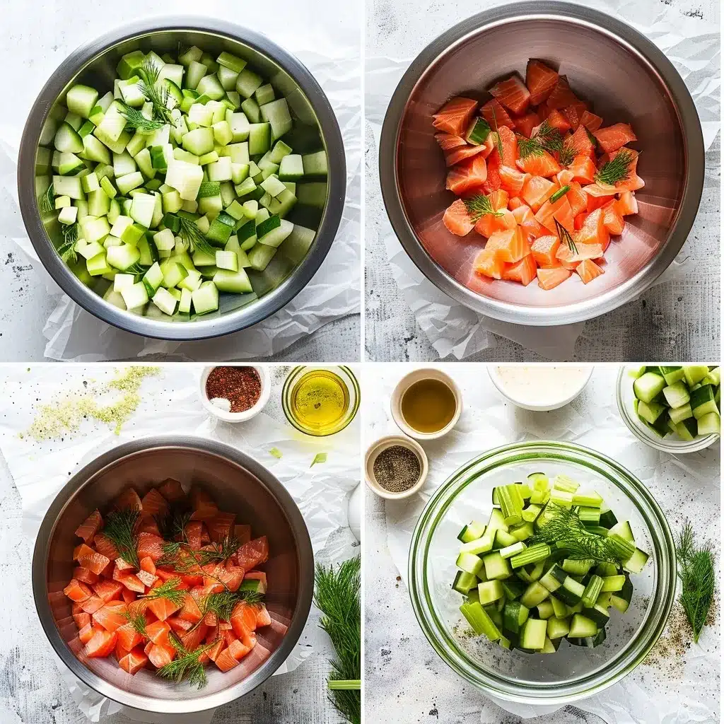Step-by-step collage showing chopped cucumbers, dill with olive oil, and salmon mixed in a bowl for creamy salmon cucumber salad.