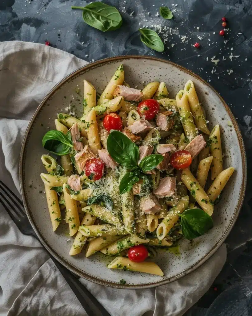 Overhead view of a rustic ceramic plate filled with creamy tuna pesto pasta, featuring penne, spinach, cherry tomatoes, and flaked tuna, served on a linen napkin with soft daylight.