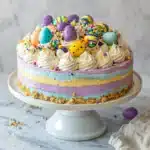 Pastel layered no-bake Easter cheesecake topped with candy eggs, whipped cream, and sprinkles on a white cake stand.
