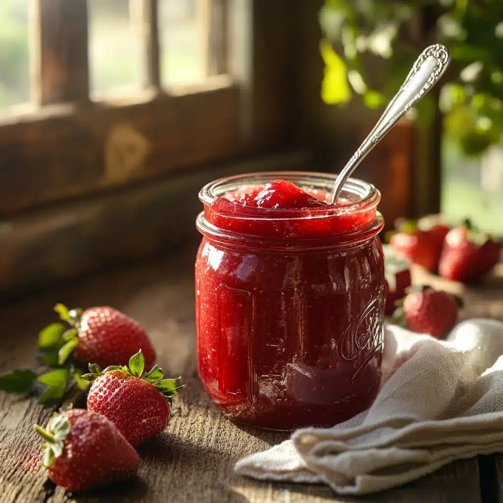 Homemade frozen strawberry jam recipe in a glass jar on wooden table with strawberries