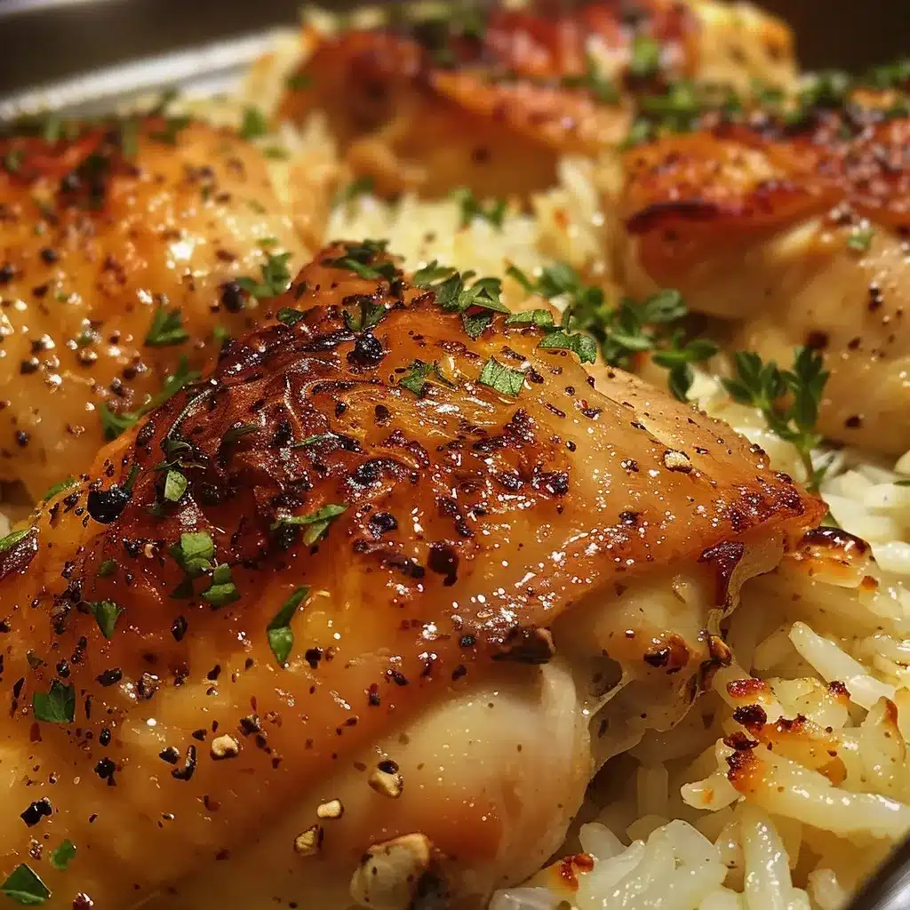 Close-up of a sliced, golden-brown oven-baked chicken thigh served over tender, seasoned rice. The chicken is juicy and well-cooked, with crispy skin and visible herbs, captured in warm, natural light.