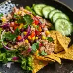 Overhead photo of a Mexican tuna salad with tuna, corn, beans, and vegetables in a lettuce-lined bowl, garnished with tortilla chips and cucumber slices on the side.
