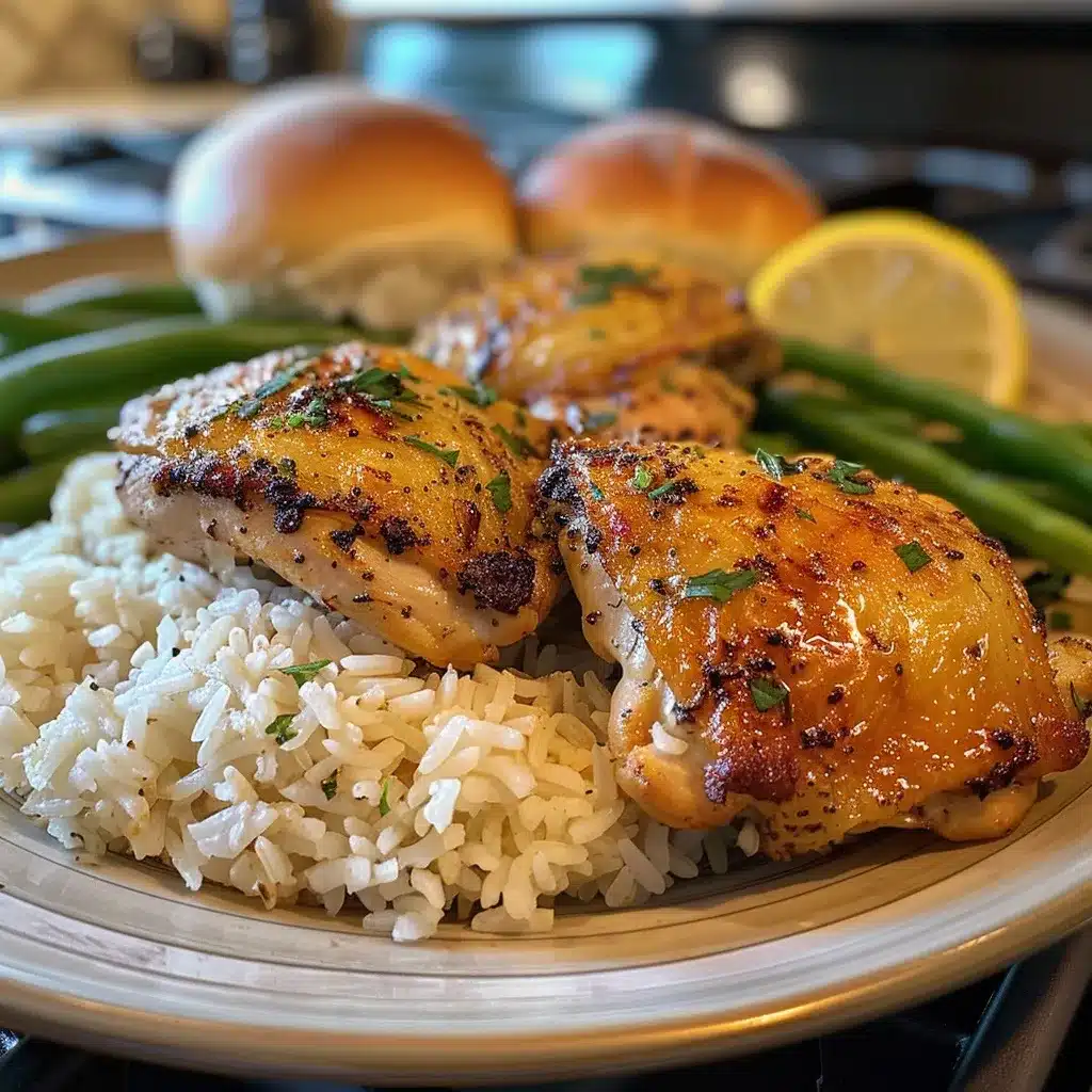 Close-up of oven-baked chicken and rice served on a ceramic plate with steamed green beans, a lemon yogurt drizzle, and a soft dinner roll. Warm natural lighting with a cozy home kitchen background.