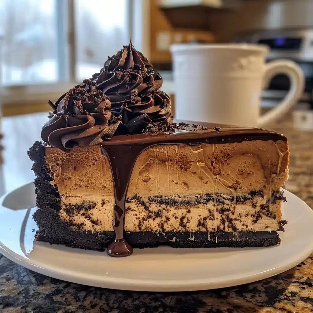 Slice of coffee cheesecake on a white plate with chocolate ganache and whipped coffee cream, served with a mug of black coffee on a marble table.