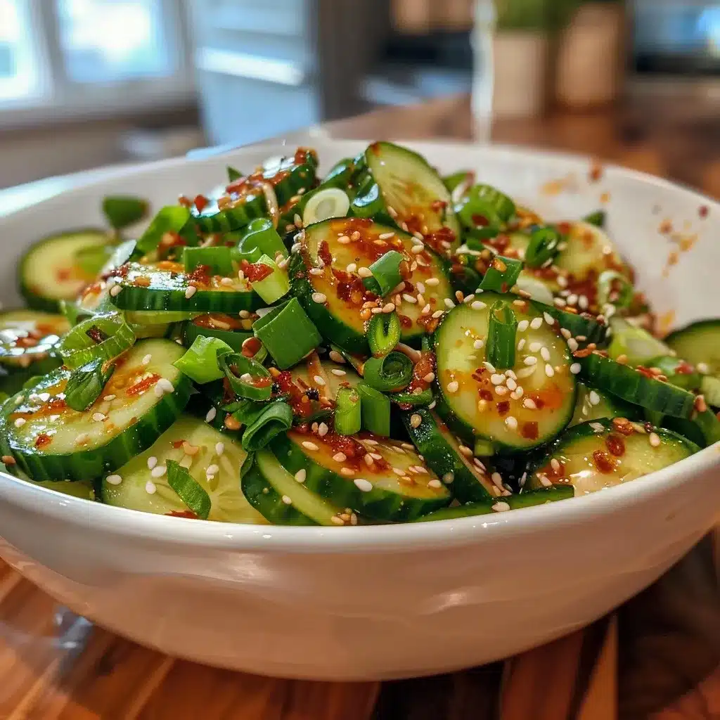 Spicy cucumber salad Recipe in a white bowl with chili oil, green onions, garlic, and sesame seeds on a wooden table.