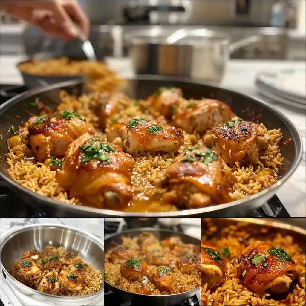 Collage of 8 step-by-step images showing how to make oven-baked chicken and rice, from sautéing onions to seasoning chicken, layering with rice and broth, covering with foil, baking, and final golden serving.