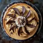 Overhead view of a coffee cheesecake with chocolate ganache, coffee whipped cream swirls, and chocolate curls on an Oreo crust, styled in a bright Tasty-style setting.