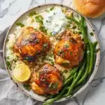 Bright and colorful overhead shot of oven-baked chicken thighs served over garlic rice, with steamed green beans, lemon yogurt sauce, and a soft roll. Styled on a ceramic plate with a clean marble background.