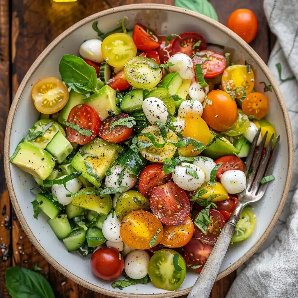 Overhead photo of tomato avocado mozzarella salad served in a white bowl with basil and olive oil, on a wooden table.