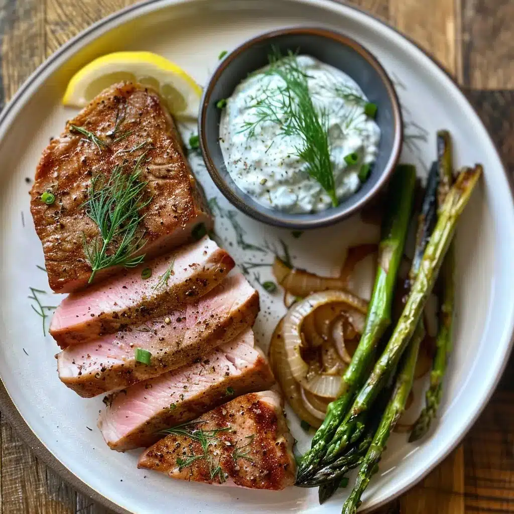 Tuna steak served with roasted asparagus, onions, lemon wedge, and yogurt sauce on a white plate.