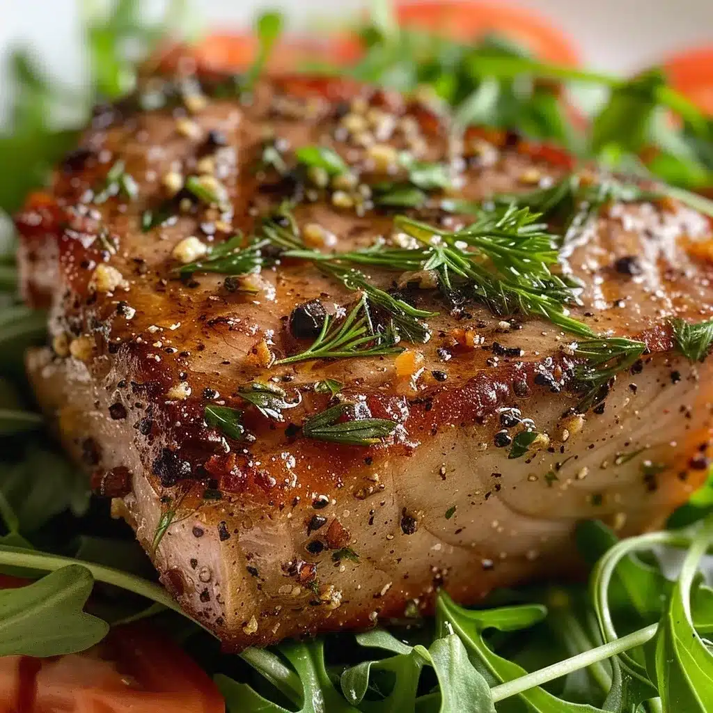 Close-up of seared tuna steak with herbs and pepper, served on fresh arugula and garnished with dill.