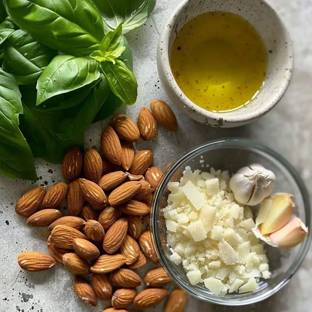 almond pesto recipe ingredients on table
