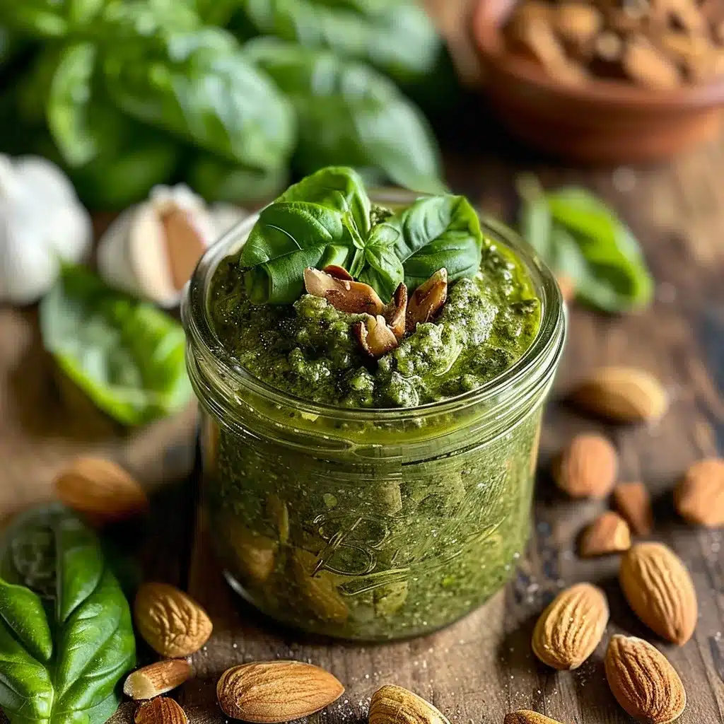 almond pesto recipe in jar with basil and almonds
