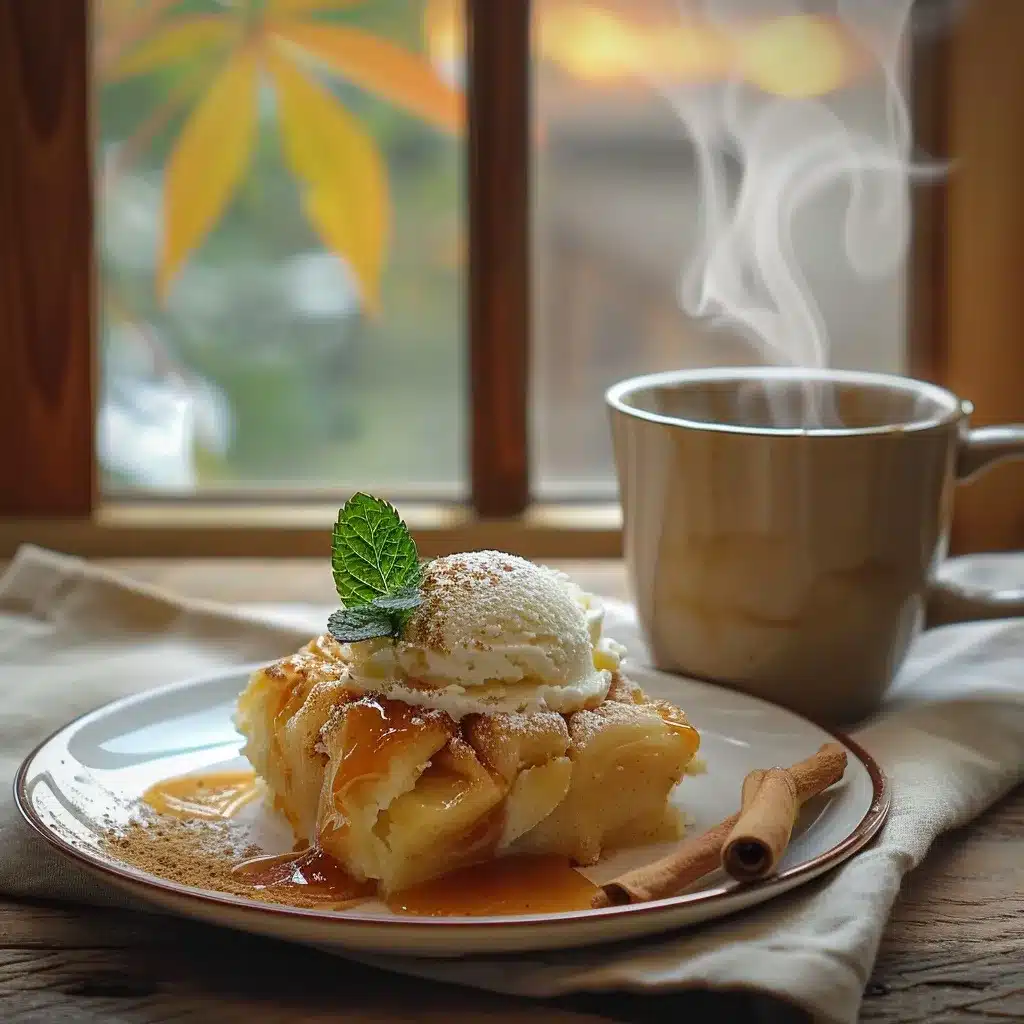 A warm apple pie biscuit topped with vanilla ice cream and caramel drizzle, served with a cup of chai tea on a rustic table.