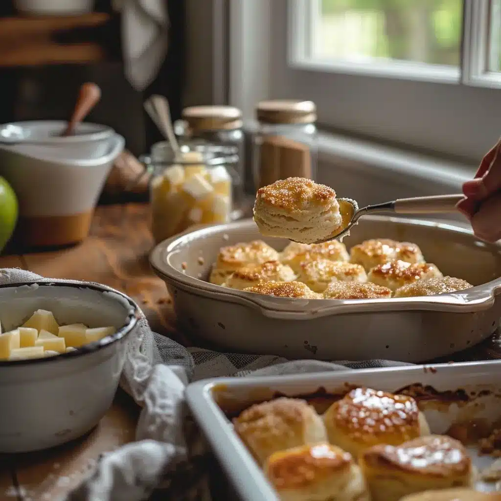 A hand dipping biscuit dough into melted butter with a bowl of cinnamon sugar and apple filling nearby, on a rustic kitchen counter.