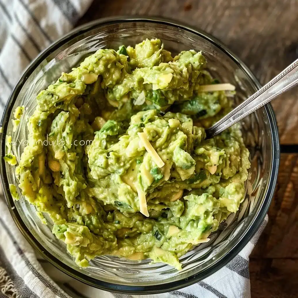 Close-up of avocado bread batter in a ribbed glass bowl with a silver fork, featuring mashed avocado, shredded cheese, and egg on a wooden surface.
