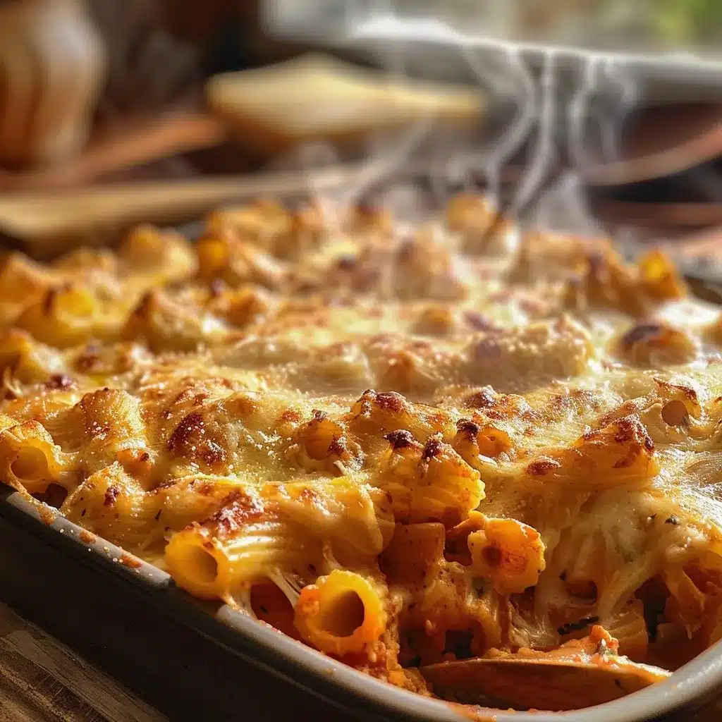 Baked Italian meats pasta recipe served hot in a casserole dish