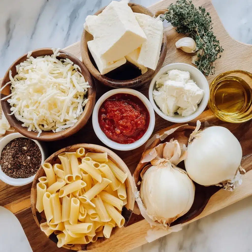 Ingredients for Olive Garden baked pasta recipe on counter