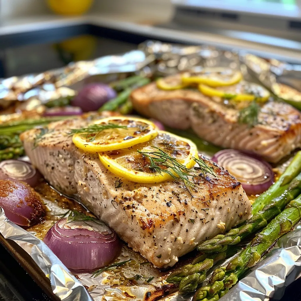 Baked tuna steak recipe with lemon and herbs on a sheet pan