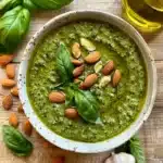 almond pesto recipe in white bowl with fresh basil and almonds