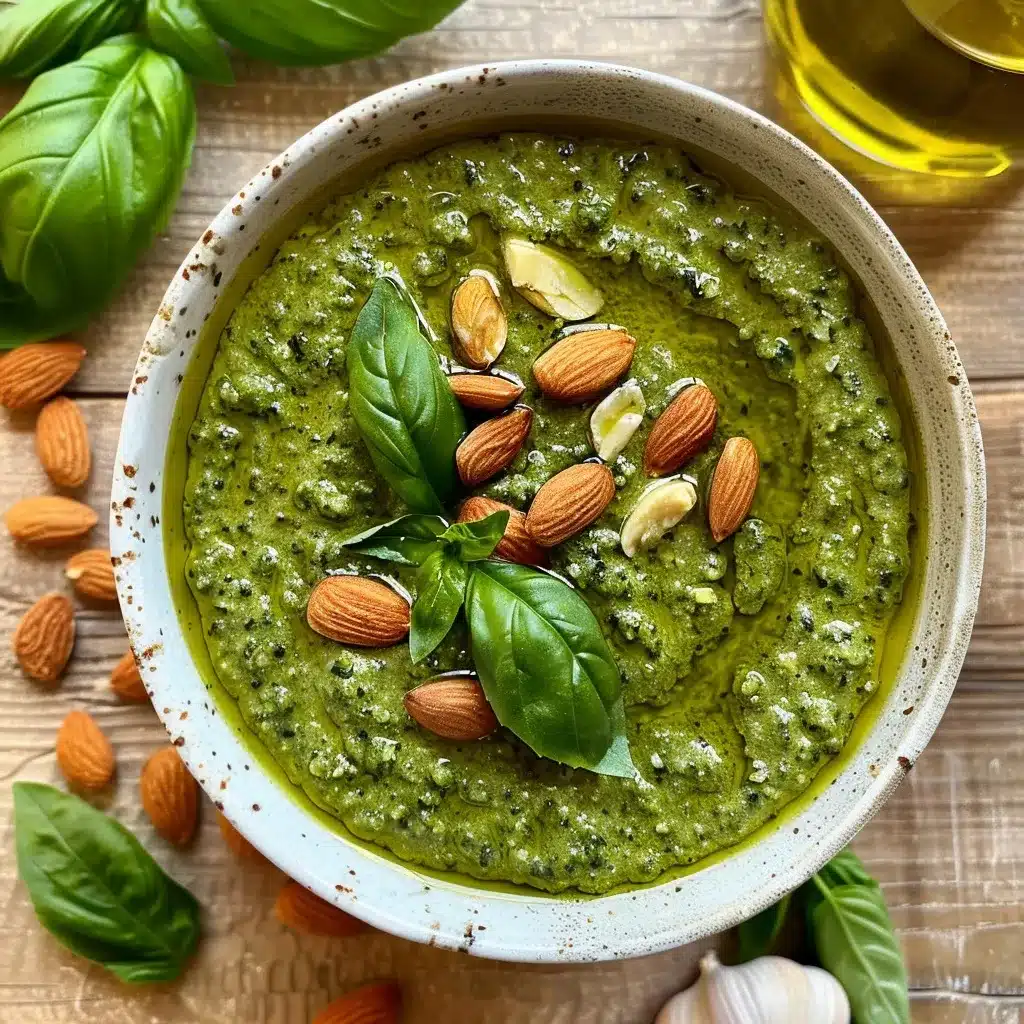 almond pesto recipe in white bowl with fresh basil and almonds