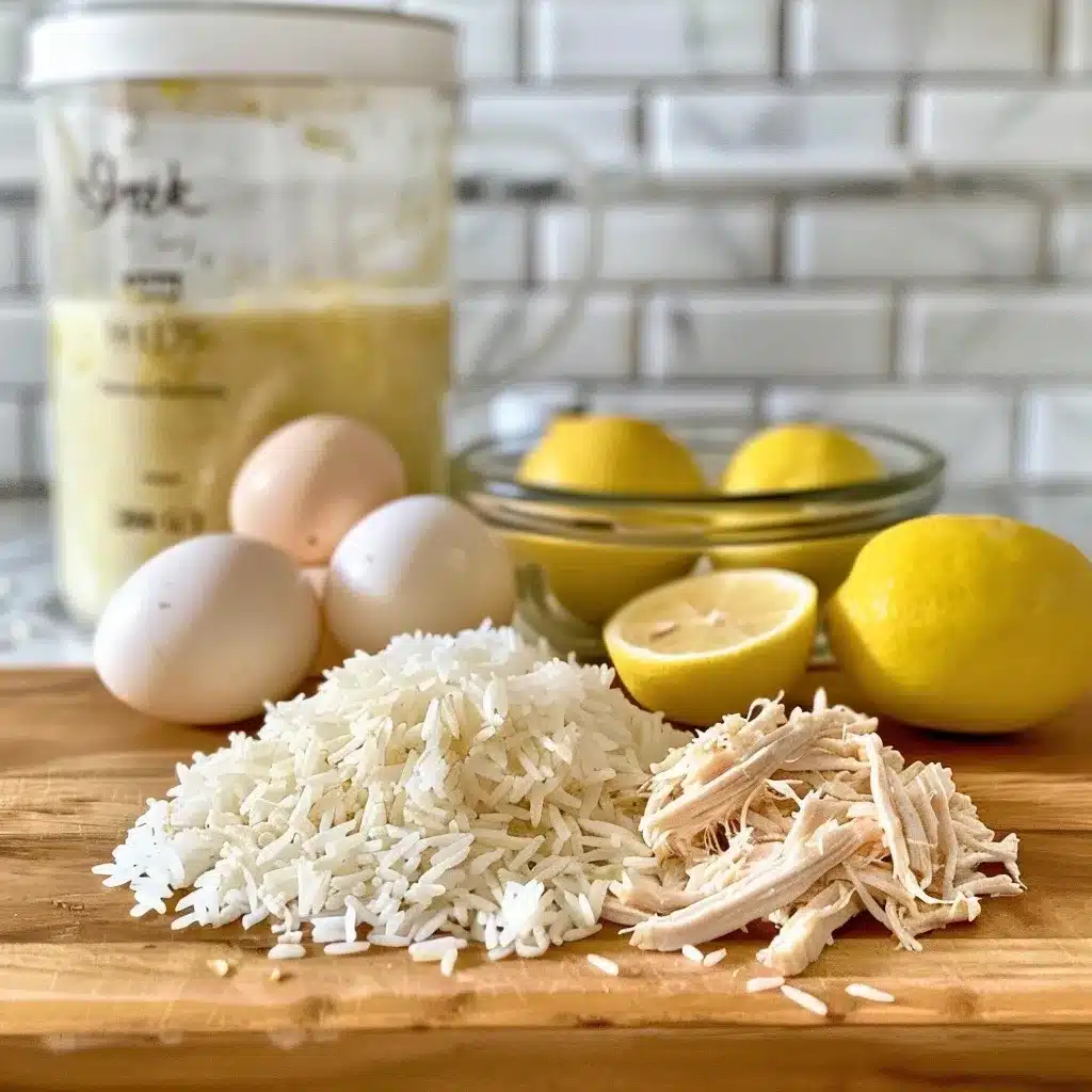 Chicken lemon rice soup ingredients on a wooden counter, including chicken broth, rice, shredded chicken, lemons, and eggs in measuring cups and bowls.