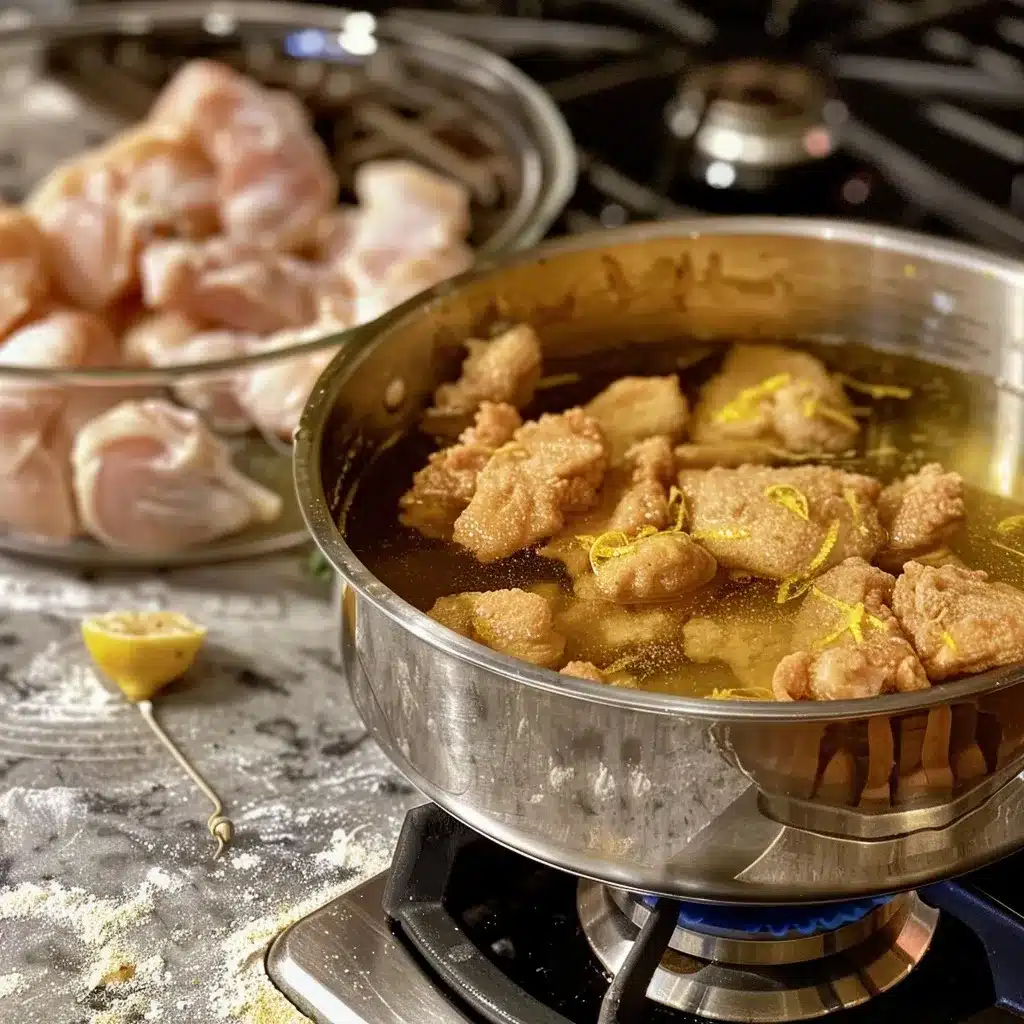 Close-up of battered chicken pieces frying in bubbling oil in a stainless steel saucepan with a cooking thermometer.
