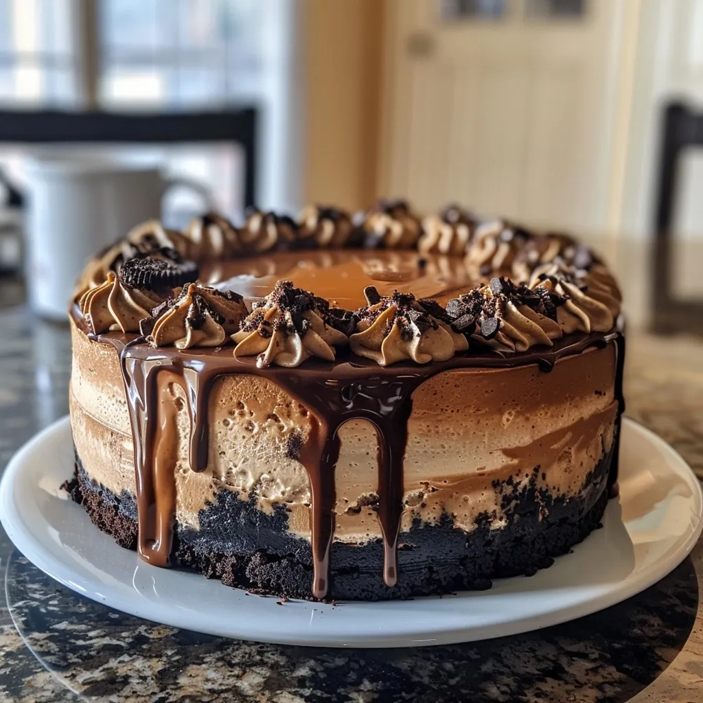 Coffee cheesecakes recipe with chocolate ganache, whipped coffee cream swirls, and chocolate shavings on an Oreo crust, served with a glass of coffee.
