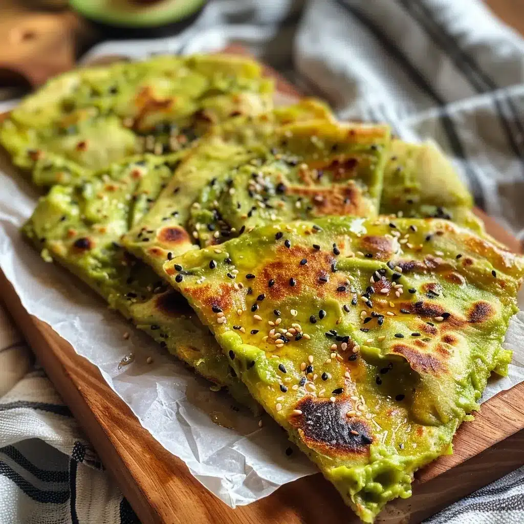 Homemade avocado flatbreads with melted cheese and sesame seeds, stacked on parchment paper, golden and crisp at the edges.