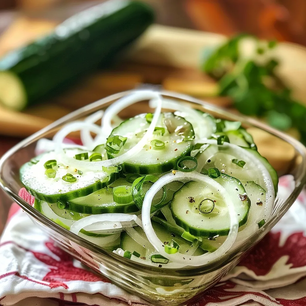 cucumbers and onions in vinegar recipe in glass bowl