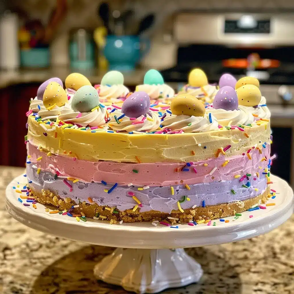 Colorful no-bake Easter cheesecake topped with pastel candy eggs, rainbow sprinkles, and whipped cream, displayed on a white cake stand.