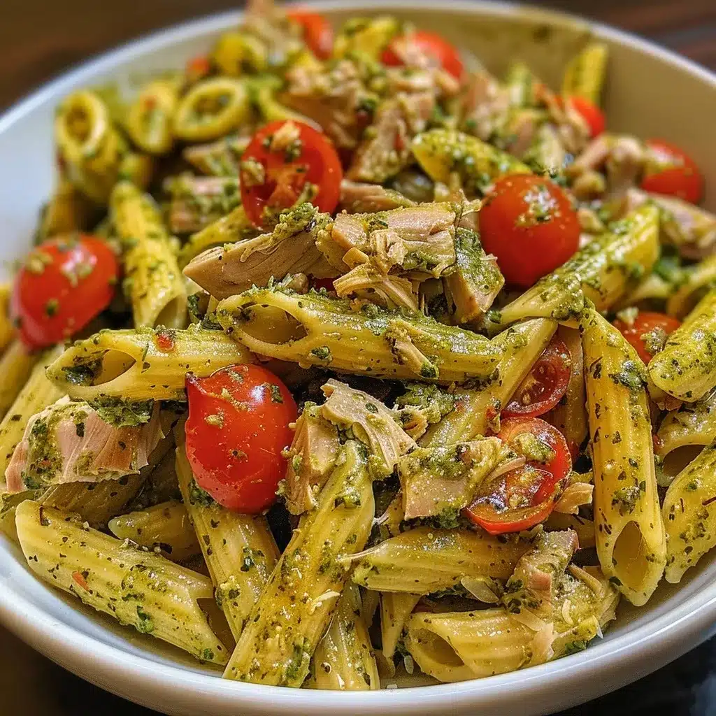 Easy tuna pesto pasta recipe served in a bowl with tomatoes and spinach