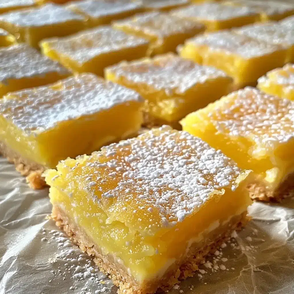 Close-up of gluten free lemon bars with thick lemon custard and powdered sugar topping, resting on parchment paper. Bright natural light highlights the smooth texture and crumbly shortbread crust.
