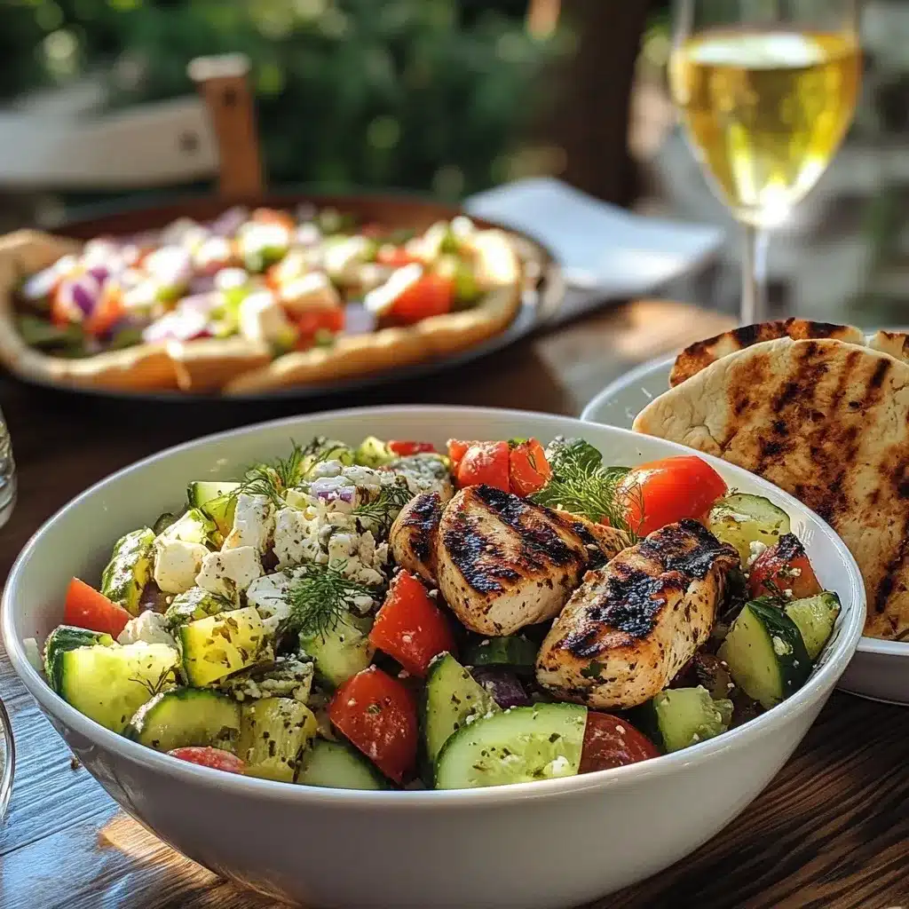 Greek salad served with grilled meat and bread