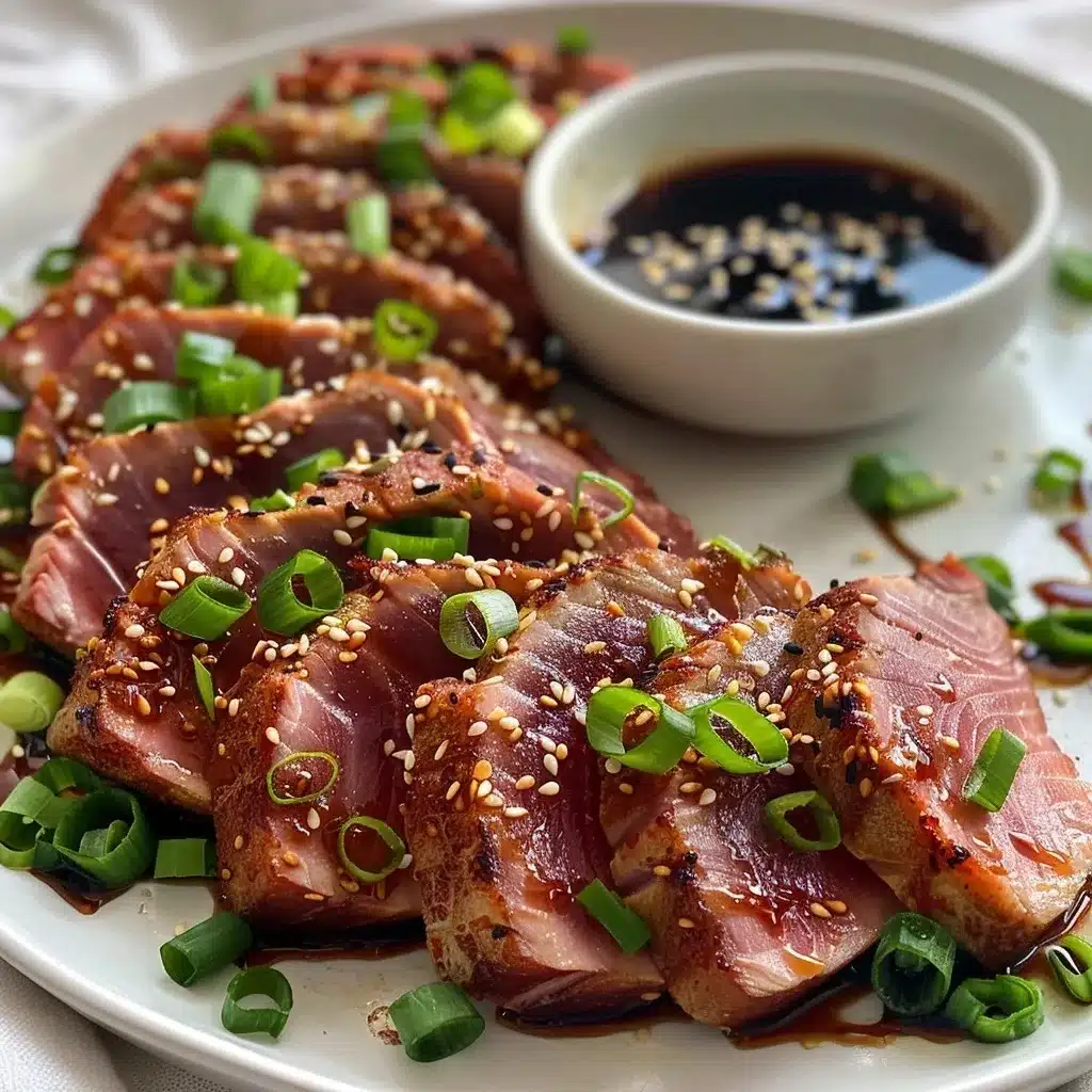 Grilled tuna steak barbecue recipe served with dipping sauce, sesame seeds, and sliced green onion