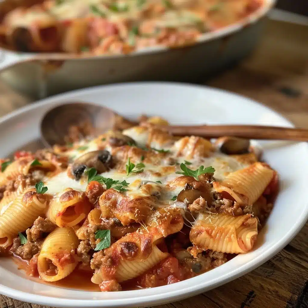 Serving of baked Italian pasta with ground meat, tomato sauce, and melted cheese on a white plate with a wooden spoon.