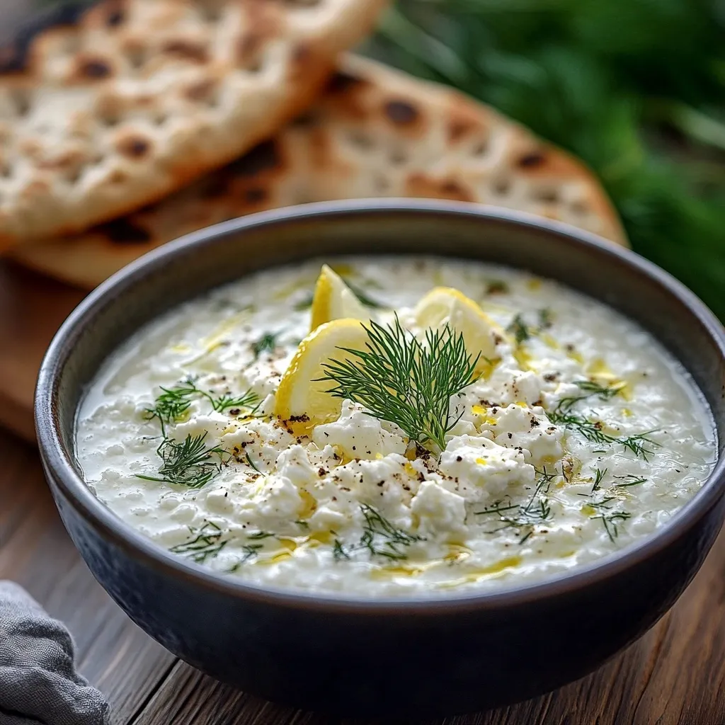 Greek lemon rice soup with herbs and feta