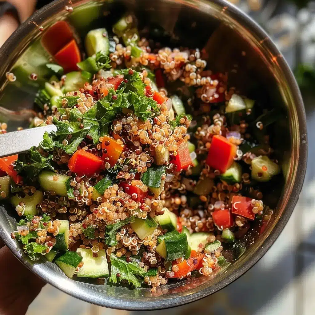 Mixing quinoa and vegetables for Costco quinoa salad recipe