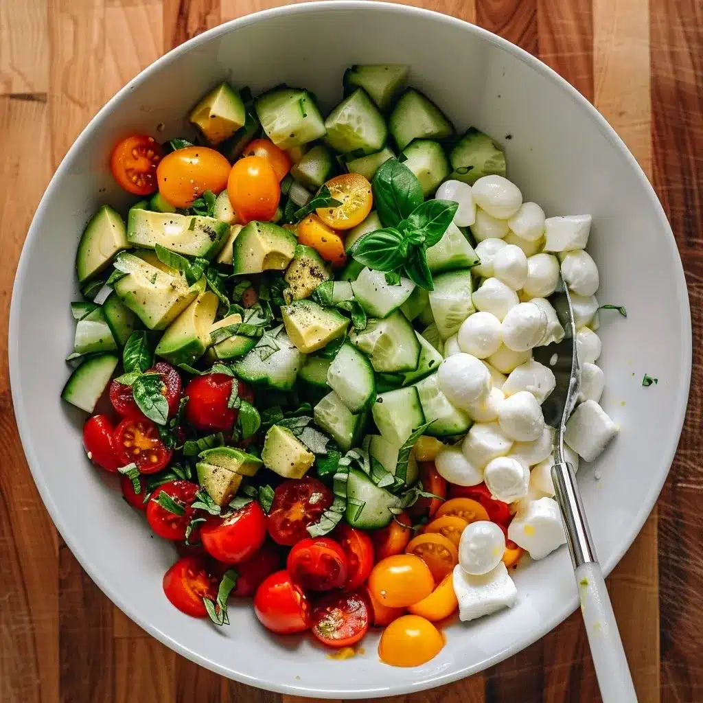 Mixing tomato cucumber mozzarella salad recipe
